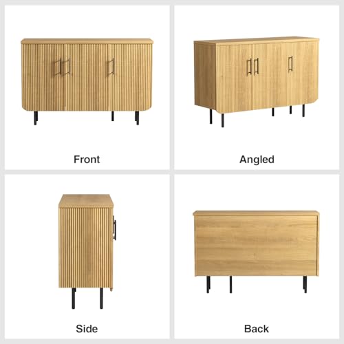 FiveWillowise 47.2\" Fluted Buffet Sideboard Cabinet with 3 Doors, Modern Accent Buffet Cabinet with Adjustable Shelves, Large Storage Cabinet Coffee Bar for Kitchen, Living Room, Natural