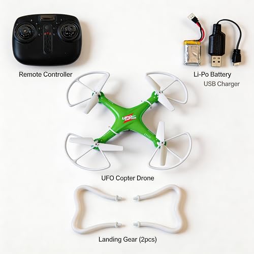 Image of UFO Copter RC Drone for Kids & Beginners | 6-Axis Quadcopter with Propeller Guards | Stable Flight, Lightweight Design | Indoor & Outdoor Toy Drone (Green & White)
