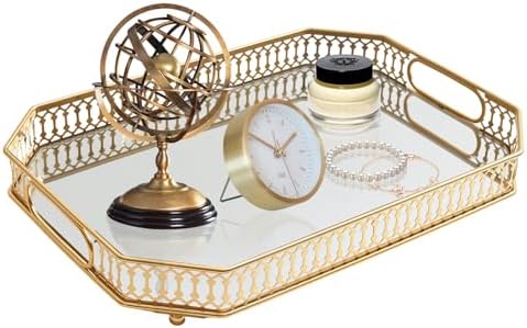 Vintage Gold Mirrored Vanity Mirror Tray Decorative Perfume and M...