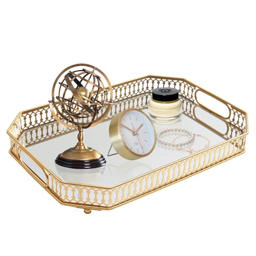 Vintage Gold Mirrored Vanity Mirror Tray Decorative Perfume and Makeup Organizer with Handles for Dresser Bathroom or Jewelry Display Decor Home Large Size (Large)
