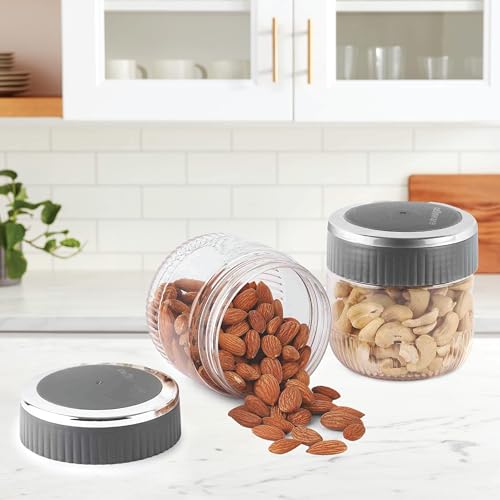 Image of CELLO Mint Storage Canister For Kitchen Set of 2, (500 ml x 2), Grey | Food Grade, Stackable, See Through | Nestable Storage Pet Container with Lid for Food, Pulses, Spice, Cereals, Cookies, Dry Food
