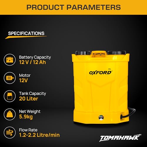 Image of Tomahawk Oxford SIN-2031 20L Battery Operated Agricultural Sprayer | 12V Motor & 12Ah Battery | Electric Farm Sprayer Pump with Adjustable Lance, 3 Nozzles & Backpack Strap