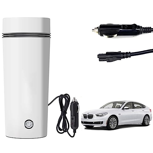 Image of Oshotto 12V Portable Electric Water Bottle for Hot Water Tea Coffee Kettle Mug Multipurpose Food Grade Fast Boil Auto Shut-off For Travel Camping, Road Trip Compatible with BMW 5GT (350ml) - White