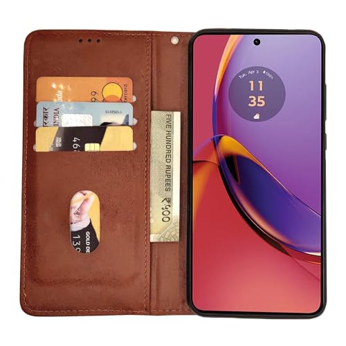 Image of Pikkme Motorola G84 5G Flip Cover | Strong Magnetic Closure | Genuine PU Leather Finish | Wallet Style with Inbuilt Pocket & Stand | Premium Look Magnetic Flip Case (Brown)