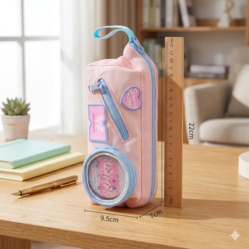 Image of Kawaii Pink Pencil Pouch with Transparent Round Window & Mini Doll Pocket - Large Capacity Zipper Pen Case, Cute Pastel Stationery Organizer for Girls, School & College