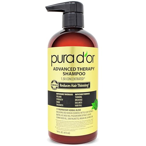 PURA D'OR 16 Oz Advanced Therapy Shampoo Reduces Hair Thinning & Increases Volume, No Sulfate, Biotin Shampoo Infused with Argan Oil, Aloe Vera for All Hair Types, Men & Women