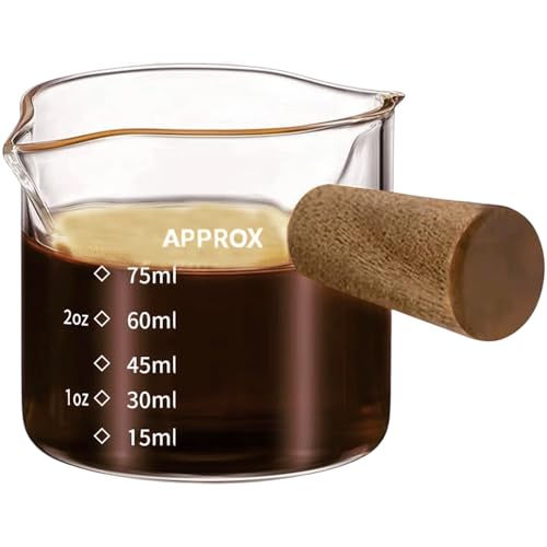 Espresso Cups with Handle, 75ml Double Spout Espresso Measuring Cup with Dual Scale, Espresso Shot Glass with V-Shaped Mouth, Clear Glass Milk Frothing Pitcher, Espresso Accessories