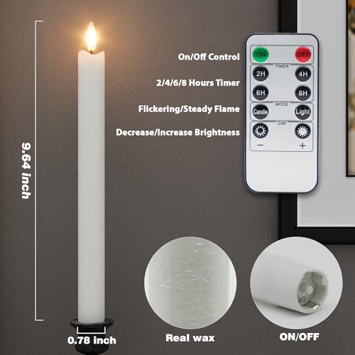 Image of Rechargeable Flameless Taper Candles with Remote, Charging Base, 6 Pcs | 0.78x9.6 inch white wax LED tapers, 3D flicker, 2.5-hour USB-C charge, up to 160-hour runtime for Home Wedding Christmas Decor