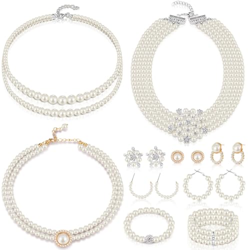 Image of Glenmal Pearl Rhinestone Jewelry Set for Women Pearl Necklace Bracelet Earrings for Wedding Halloween Bridal Shower Tea Party