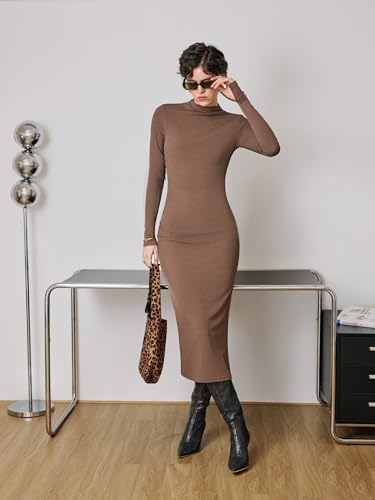 CIDER Long Sleeve Dress for Women High Neck Ribbed Knit Bodycon Ruched Midi Dress Cocktail Party Sweater Solid Dress2