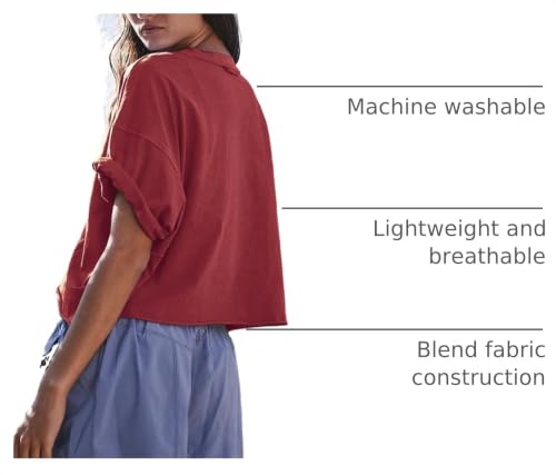 Image of HUGOOME Womens Oversized Workout Crop Top Casual Short Sleeve Boxy Roll Hem | Basic Half Split Sleeve Drop Shoulder Loose Yoga Running Gym Tee Cropped T-shirt Solid Trendy Relaxed Daily Tee