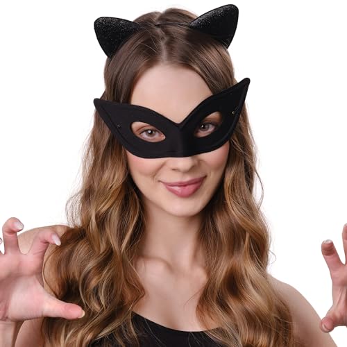 Cheerin AK Black Cat Masquerade Mask And Glitter Kitty Ears Headband - Cat Costume Accessory thumb #4