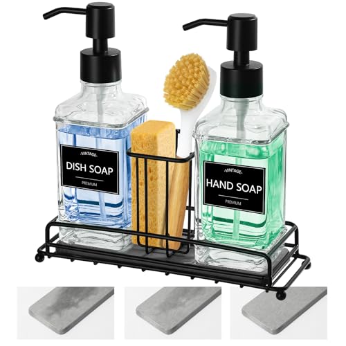 VIMERPA Dish Soap Dispenser with Adjustable Sponge Holder, 10 fl oz Kitchen Hand and Dish Soap Dispenser Set, Clear Bottle and Vintage Design