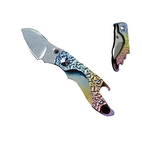 Titanium Mini Knife EDC Folding Pocket Knife with Tail Bottle Opener: Everyday Carry, Satin Blade Stone Wash Finish,Thumb Slot Open, Frame Lock Titanium Handle, Sheep Hoof Shape (Titanium-colors)