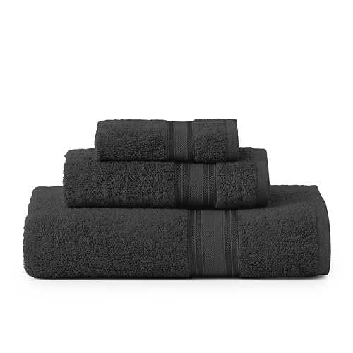 Image of LANE LINEN Luxury Towels Set - 3 Piece Set, 100% Cotton Bathroom Towels, Zero Twist, Quick Dry Shower Towels, Absorbent Bath Towel, Super Soft, 1 Bath Towel, 1 Hand Towel, 1 Wash Cloths - Black
