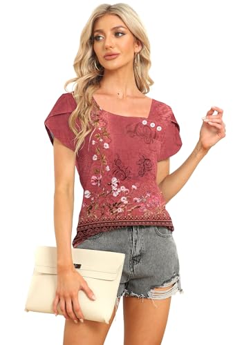 Image of Womens Petal Sleeve Tops Summer Trendy T Shirt Casual Loose Square Neck Button Blouse Tees