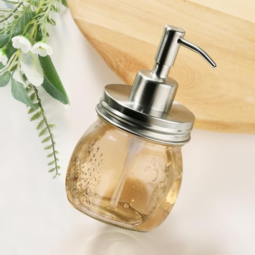 Image of Amolliar Mason Jar Liquid Soap Dispenser Pump, Rust Proof Stainless Steel Lid, Refill Liquid Soap Pump for Kitchen, Bathroom, Cute Farmhouse Decor for Hand Soap, Dish Soap, Lotion Soap, Silver 2 Pack