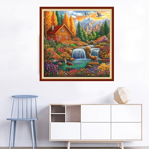Image of Joyhoor Cross Stitch Kits for Beginners Stamped Cross-Stitch Supplies Needlework preprint Embroidery Kits for Adults DIY Needlepoint Kits Embroidery Patterns 11CT-Autumn Waterfall Home 18x18 inchs