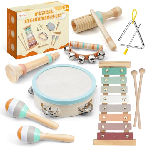Image of LeeQee Montessori Toys for 1 2 3 Year Old - Wooden Toys Baby Musical Instruments, Neutral Colors Percussion Instruments Set with Modern Boho Xylophone for Toddlers 3+ Music Education