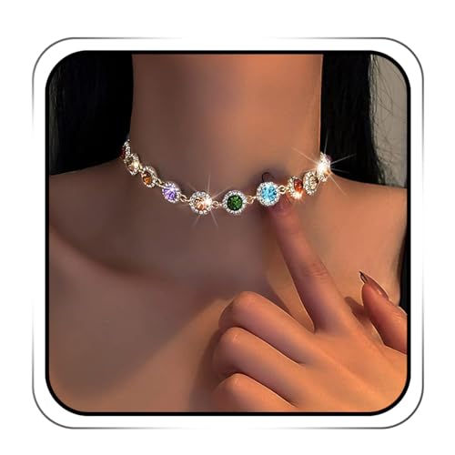 JEAIRTS Multi-color Rhinestone Choker Necklace Sparky Crystal Chokers Glitter Party Prom Necklace Chain Jewelry for Women