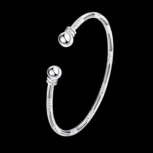 Bangle Bracelet Gift 925 Sterling Silver Bangle Bracelet Open Bangles Two Bead Cuff Frosted Silver Bracelet Jewelry Women2