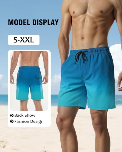 Image of Mens Swim Trunks with Compression Liner 2 in 1 Quick Dry Swimming Shorts Swimwear Bathing Suits with Pockets, 7 Inch-Gradient Design,L