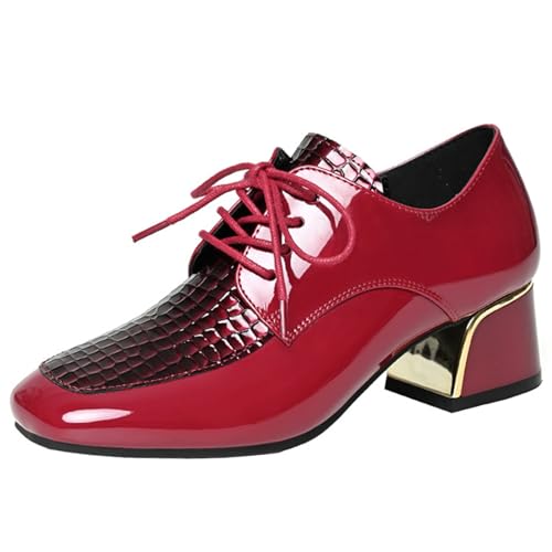 Womens Square Toe Chunky Heeled Oxfords Fashion Crocodile Pattern Lace Up Shiny Block Heel Dress Pump for Business Work Office Dating Party Prom (Red,9)