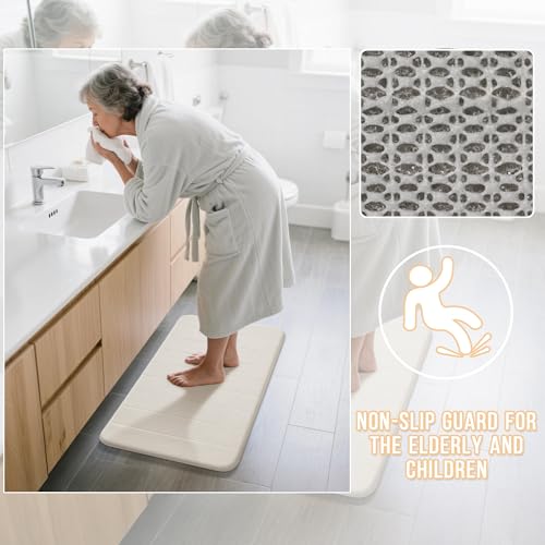 Image of Yimobra Memory Foam Bath Mat Set, 2 Piece Soft Bathroom Rugs,17x24 and 24x20.4 U-Shaped Bathroom Rug, Toilet Mat, Water Absorption, Non Slip, Thick, Dry Fast for Bathroom Floor Mat, Cream White