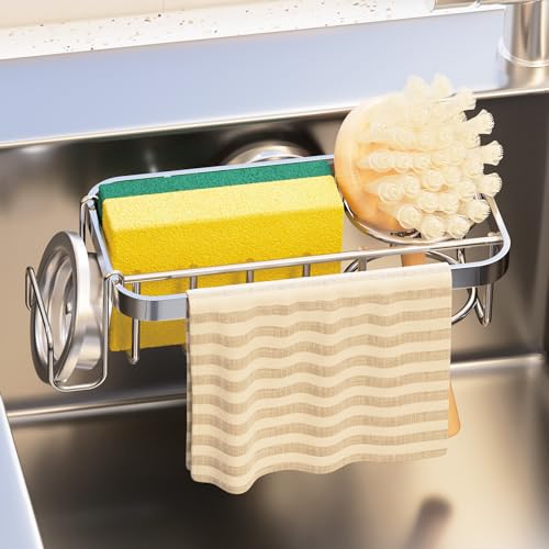 Image of TAILI 4-in-1 Sponge Holder for Kitchen Sink with Strong Suction Cup Removable, Rustproof Aluminum Sink Caddy for Sponge, Brush, Scrubber, Scraper -Silver