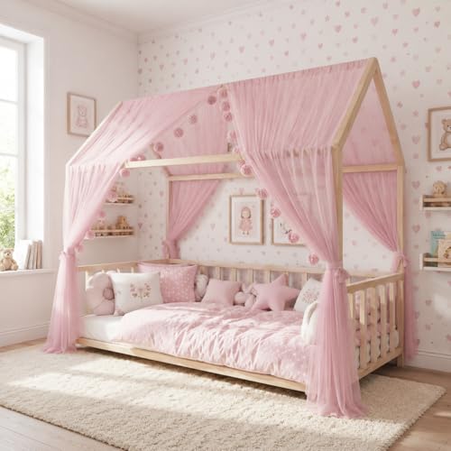 Baby Fancyroom Ciel de lit de Maison, décoration pour Chambre d'enfant, lit d'enfant, baldaquin, Guirlande de Pompons en Tulle de qualité supérieure (Rose,...
