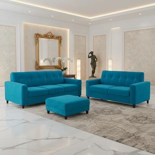 Image of Homeboy Luxe Velvet-Suede Fabric 3 + 2 Seater with Ottoman Sofa Set | Comfortable & Spacious Seating for Upto 6 Person | Modern Sofa Set for Living Room - Aqua Blue