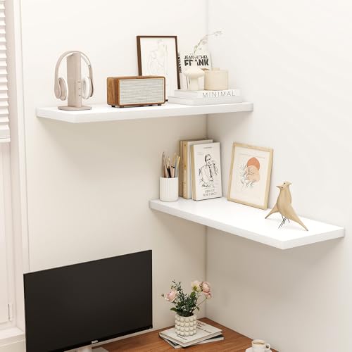 Image of Dreamland 36 inch Floating Shelves for Wall, 12 inch Deep Slim White Floating Shelves, Wall-Mounted Shelves for Bedroom, Living Room, Kitchen, Bathroom - Set of 2