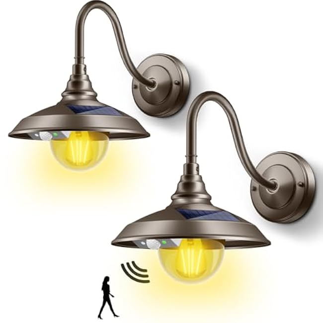 SIEDiNLAR Solar Barn Light Outdoor 3 Modes 2 Lighting, Aluminum Vintage Farmhouse Gooseneck Wall Light Waterproof with Remote & Motion Sensor for Barn Garage Shed Chicken Coop Dark Bronze (2 Pack)