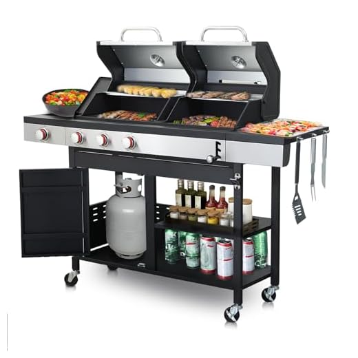 Dual Fuel BBQ Grill, Gas and Charcoal Grill Combo, 3-Burner Propane with Side Burner Barbecue Grill with Side Table for Outdoor Cooking with Cast Iron Griddle Auto Ignition|Inner Temperature Gauge