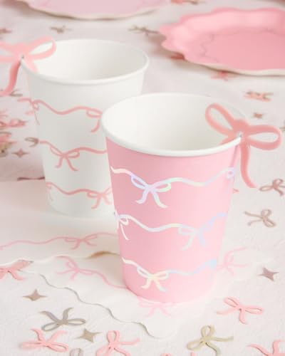 xo, Fetti Pink Bow Paper Cups - 24 Disposable 14 oz | Pastel Birthday Decorations, Tying the Knot Bridal, Girls Baby Shower, Tea Party Bachelorette, Coquette Decor