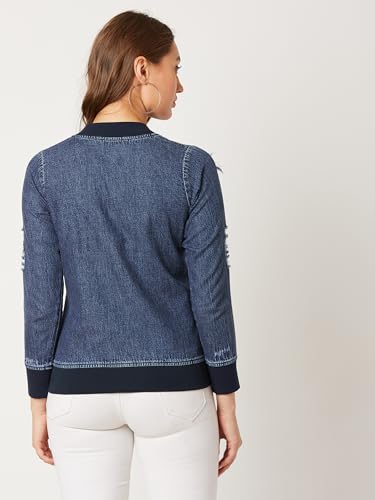 Image of Miss Chase Women's Polo Neck Full Sleeves Patch Pocket Denim Overcoat Knee-Length Jacket