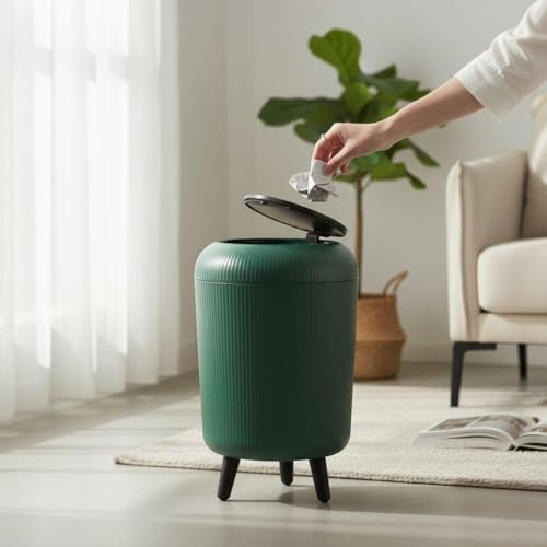 Image of ZENOVIA Modern Floor-Standing Dustbin with Legs | Push-Button Lid | Green Ribbed Plastic Waste Bin for Bedroom, Living Room & Kitchen | Large Capacity Decorative Trash Can | Push-Button Lid, Ribbed Plastic, With Legs, Odour-Free