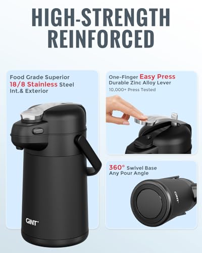 Image of GiNT 2.2L Airpot Coffee Dispenser with Pump, Insulated Coffee Carafe for Hot Liquids, Stainless Steel Vacuum Insulated Pump Dispenser for Home Office Small Commercial Outdoor Use(74oz)