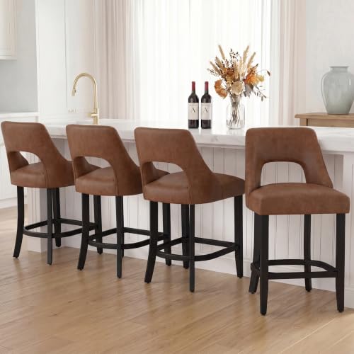Image of UVV Bar Stools Set of 6, Modern Upholstered Counter Height Bar Stools, Faux Leather Counter Stools BarStools with Wood Legs for Kitchen Island Dining Room Bar, Brown