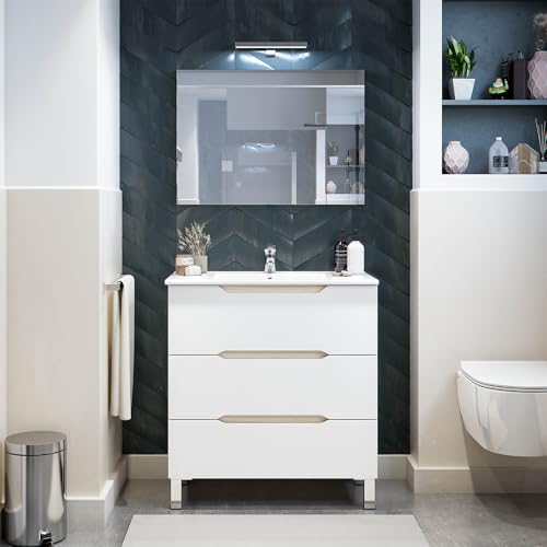 Mobile Bagno A Terra Da 80 Cm In Legno Bianco Lucido E Rovere Linea Brillo Con 2 Cassetti Dalla Chiusura Soft-Close, Completo Di Lavabo E Specchio