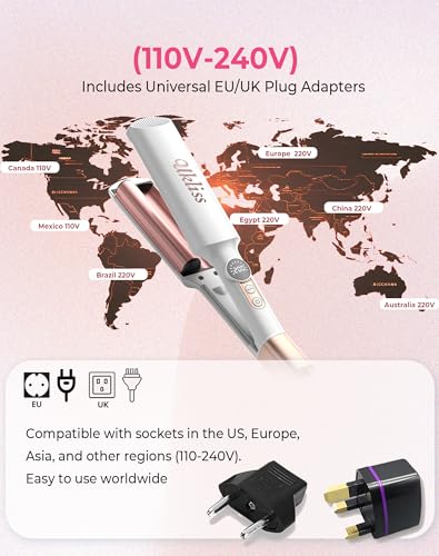 Image of Ukliss Travel Mini Waver Hair Tool Crimper for Women 0.4 inch Small Double Barrel S Waver Curling Iron Dual Voltage (110-240V) with European Plug Adapter, 5 Temps, Anti-scalding, Auto-Off (White)