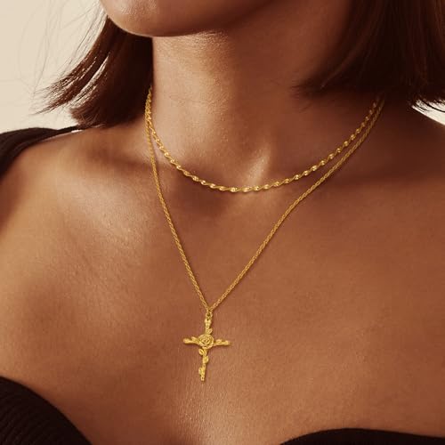 Cross Necklace for Women 14K Gold Plated Birth Flower Necklaces Rope Cross Pendant Fashion Gold Jewelry Birthday Gifts 12 Month3