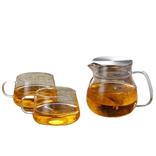Livmorx ティーポット&マグカップ セット 紅茶ガラス 茶こし付き ポット 食洗機対応 おしゃれ シンプル 冷水筒 耐熱 耐冷 水差 ギフト ピッチャー 北欧し 麦茶 ミルク ジュース 耐熱ガラス ティーポット (一壺二杯1000ml)