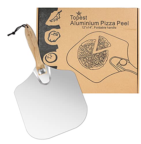 Topest Metal Pizza Peel 12x14 Inch Aluminium Pizza Paddle with Foldable Wooden Handle for Easy Storage Pizza Oven Accessories [Suitable for Baking Homemade Pizza & Bread] Silver