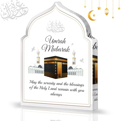DPKOW - DPKOW Umrah Mubarak Gift, Umrah Acrylic Plaque Decoration Umrah Mubarak Kaaba Gift, Muslim Islamic Gifts, Hajj Home Decoration Ramadan Eid Gifts for Family, with Drawstring Bags