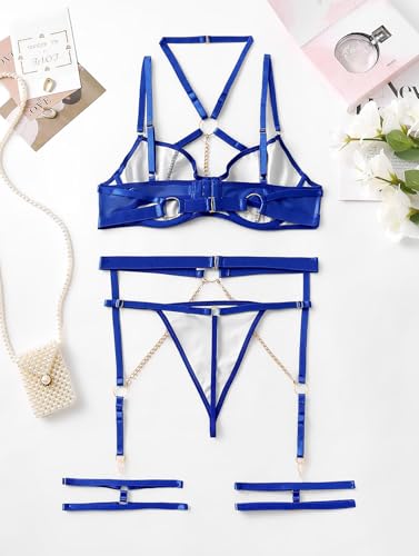 Image of Lilosy Sexy Pu Leather Strappy Underwire Garter Belt Lingerie Set