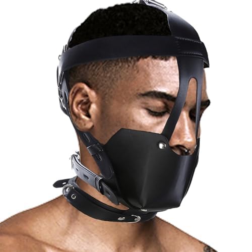 Moinha BDSM Bondage Mask with Ball Gag Hood, Y-Shape Restraint Head Harness, Breathable Leather Mouth Mask & Muzzle for Couples