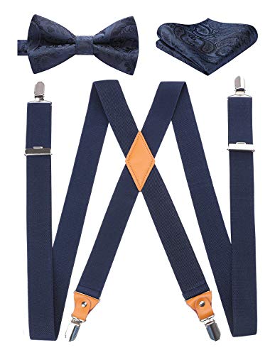 HISDERN Tirantes para Hombres Azul Marino con 4 clips Muy Fuertesen Suspender Ajustable Paisley Conjunto Pajarita Bolsillo