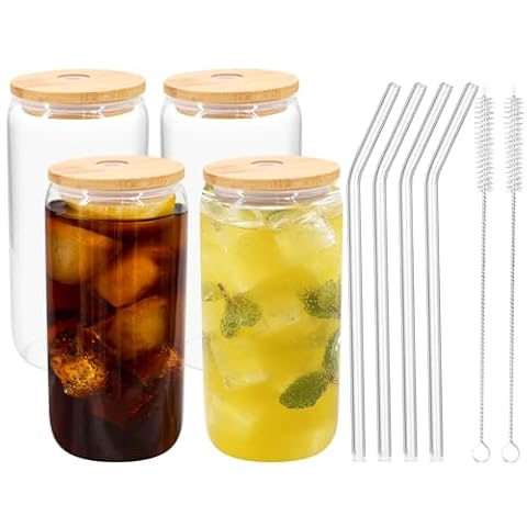 CheurYae Bambusowe pokrywki w kształcie puszki szklanki do picia ze słomkami, szklanki do piwa w kształcie puszki 500 ml, przezroczysty kubek do smoothie, piwa, coli, soku, napojów gazowanych