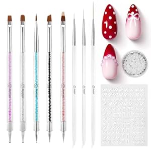 Beetles Nail Art Brushes 8pcs – Crystal Nail Art Tools 5pcs Double-headed Nails Dotting Tool, 3pcs Striping Liner Brushes for Nails with Pearls Bowknot Stickers, DIY Home Salon Manicure Design Tools
